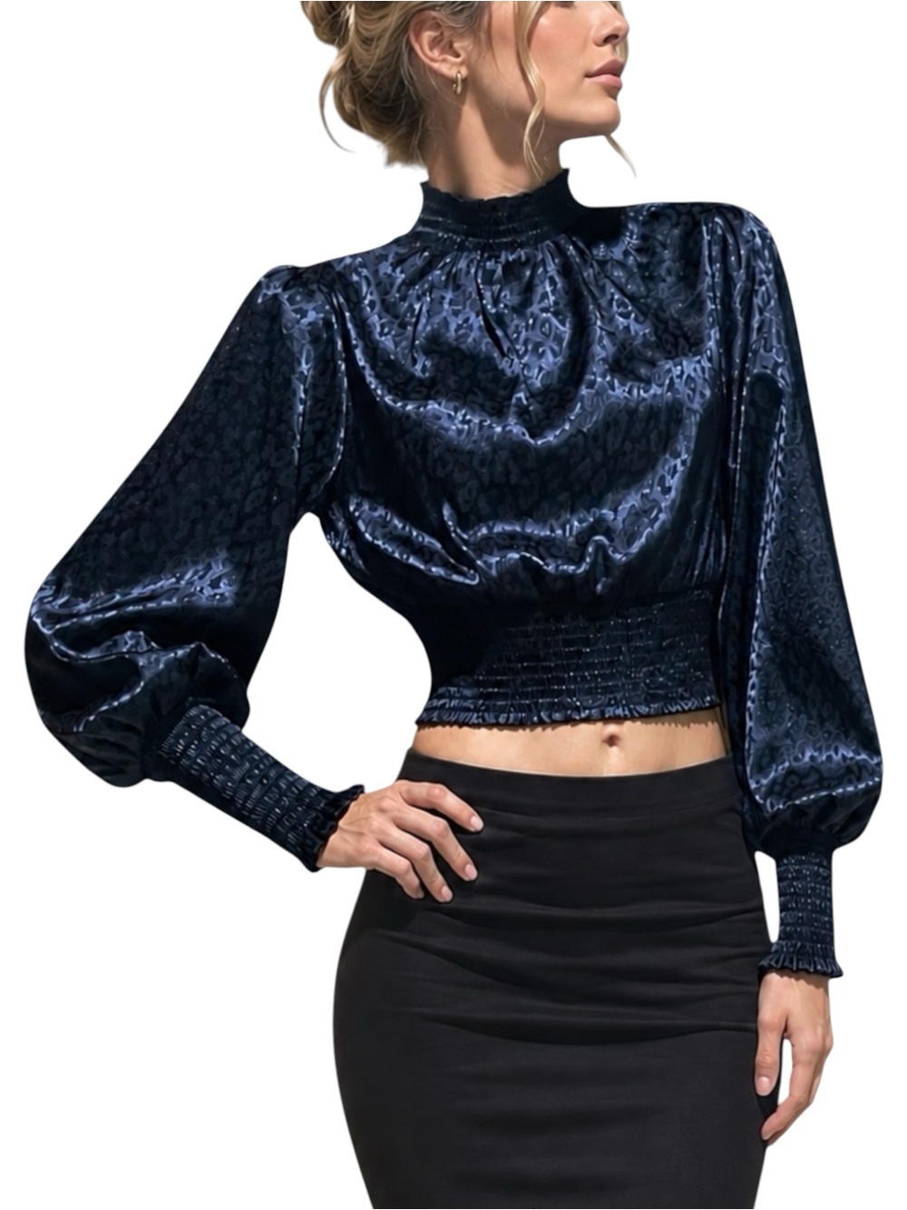 AQUA Leopard Blue Satin Smocked Crop Top XS
